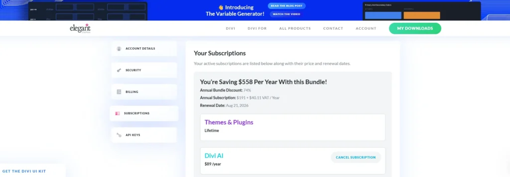 elegant themes members area subscriptions